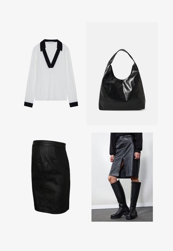 Weißes Langarmoberteil mit schwarzem, V-förmigem Kragen und schwarzen Manschetten. Glattes Material mit lockerer Passform und minimalistischem Design.; Schwarzer Jeansrock mit figurbetonter Silhouette, einem glatten Lederbund, einfacher Nahtführung und Seitentaschen. Keine sichtbaren Muster oder Akzente.; Schwarzer Leder-Bleistiftrock mit Frontschlitz, kombiniert mit kniehohen schwarzen Stiefeln mit Reißverschlüssen und einer derben Sohle für zusätzlichen Halt.; Schwarze Leder-Hobo-Tasche mit einer weichen, glänzenden Textur und einem runden, offenen Oberteil. Verfügt über einen breiten, gebogenen Tragegurt. Keine sichtbaren Beschläge.
