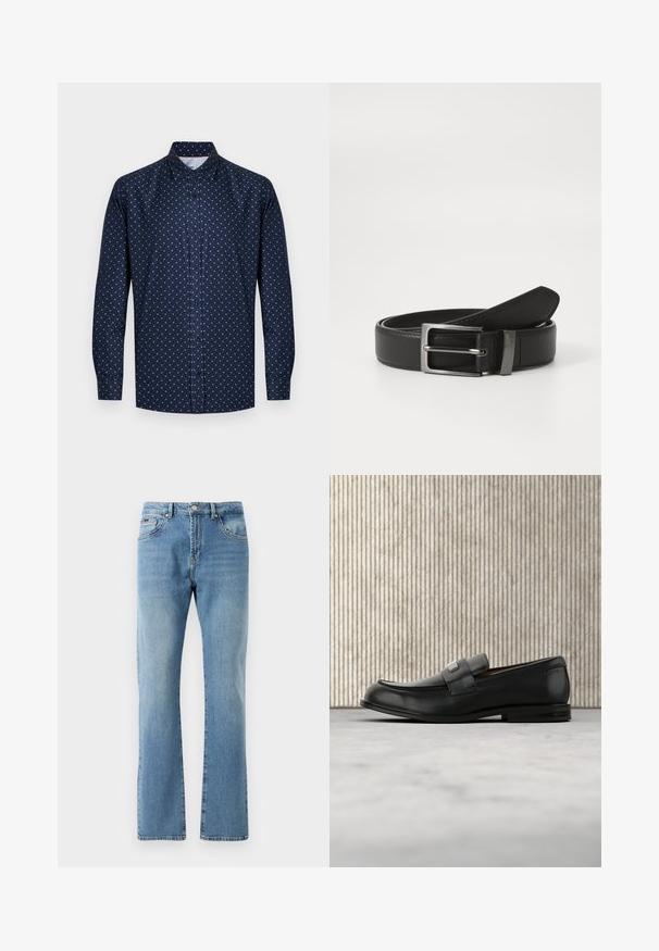 Camisa azul marino de manga larga con botones, con pequeño patrón geométrico de diamantes blancos, cuello puntiagudo y puños abotonados.; Jeans de mezclilla de color azul claro con un corte recto, cinco bolsillos y un desgaste sutil. Presentan una cintura clásica y dobladillo recto en los tobillos.; Mocasín de cuero negro con una placa metálica de marca apoyado cerca de una mesa redonda marrón sobre un suelo alfombrado beige.; Cinturón de cuero negro con hebilla de metal plateada, que presenta un acabado suave y un diseño clásico. El cinturón está neatly doblado.