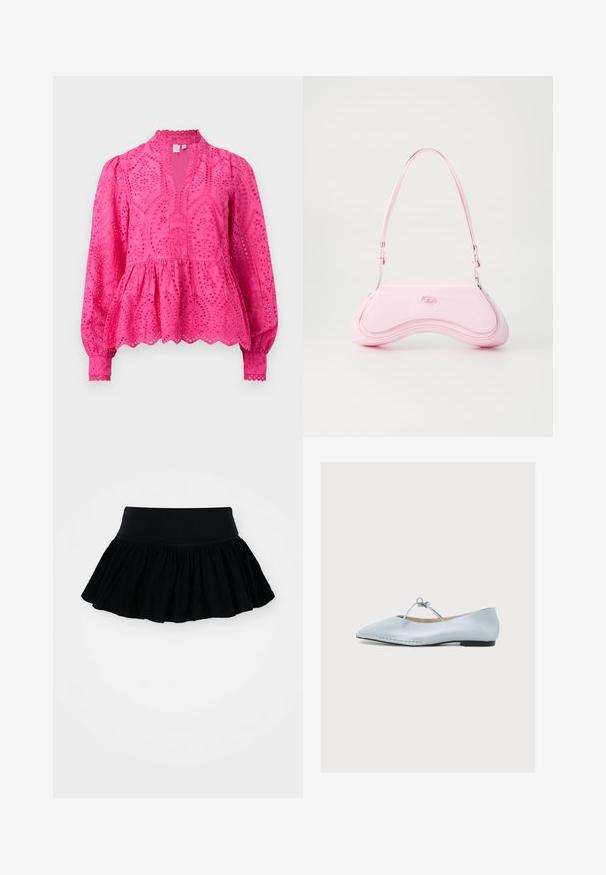 Lyserød langærmet bluse med hulmønsterbroderi, justerbare manchetter, V-hals og skørt med flæsekant.; Sort flagrende skørt med samlet, tekstureret stof og et bredt liv. Simpelt design, ingen mønstre eller hardware til stede.; Lyseblå læder balletsko med spids tå, tynd sål og et bundet sløjfebånd over toppen mod en ensfarvet hvid baggrund.; Diesel Håndtasker - quartz pink