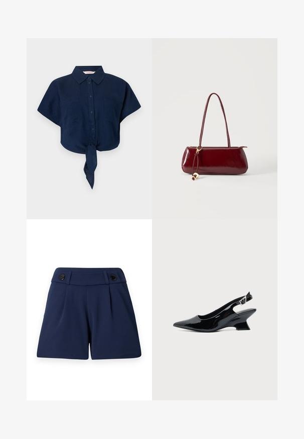 Navyblauw kort shirt met korte mouwen, gemaakt van lichtgewicht stof, voorzien van een kraag, knoopsluiting aan de voorkant, twee borstzakken en een detail met een geknoopt zoom.; Marineblauwe op maat gemaakte shorts van lichtgewicht stof, met twee voorplooien en twee zwarte knopen op de tailleband.; Zwarte lakleren slingback schoen met spitse neus en lage schuine blokhak op een effen lichte achtergrond.; Glanzende donkerrode leren handtas met lange hengsels en een goudkleurige, ronde bedel die aan één hengsel hangt.