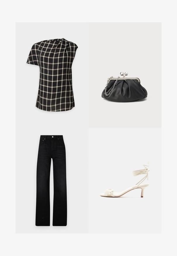 Blouse noire à manches courtes avec motif en grille blanche et encolure asymétrique, présentée à plat sur un fond clair.; Jeans noirs à jambe large en denim. Présentent une taille haute, deux poches avant et une fermeture par bouton métallique. Fini texturé avec un léger délavage.; Sandale à talon bas de couleur crème avec des liens à nouer autour de la cheville et une large bride torsadée sur les orteils, sur un fond blanc uni.; Porte-monnaie en cuir noir avec texture froncée, cadre en métal argenté, fermeture à verrouillage kiss-lock et bandoulière en chaîne. Surface lisse et douce.