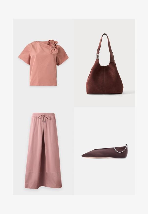 Blusa rosa de manga corta con un gran detalle de lazo en el hombro derecho, mostrada sobre un fondo blanco liso.; Pantalones de pierna ancha en rosa empolvado con cintura elástica y cordón delantero, elaborados con tela suave y detalle de dobladillo ancho.; Zapato plano de punta fina de color marrón oscuro con un tacón bajo y un detalle de cadena de pedrería plateada en la parte trasera.; Bolso bandolera de ante marrón con una única correa ancha y un detalle de cierre plateado en un lado, mostrado sobre un fondo claro y liso.