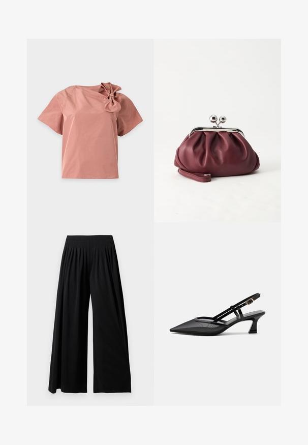 Blouse rose à manches courtes avec un grand nœud sur l'épaule droite, présentée sur un fond blanc uni.; Pantalon noir à jambes larges, taille haute avec des plis sur le devant, présenté sur un fond blanc uni.; Chaussure slingback noire à bout pointu avec tige en mesh, fines brides, boucle dorée et petit talon incurvé sur fond blanc.; Petit sac pochette en cuir bordeaux avec fermoir métallique argenté et bracelet sur fond blanc.