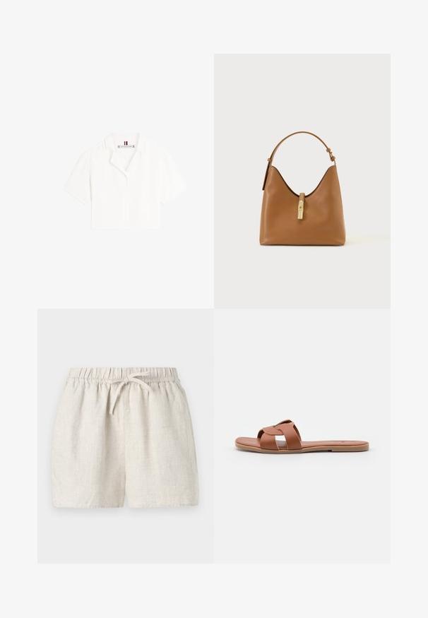 Chemise blanche à manches courtes et courte, avec un col cranté et une étiquette Tommy Hilfiger visible à l'intérieur de l'encolure.; Shorts en lin de couleur beige clair, dotés d'une taille élastique avec cordon de serrage, d'une coupe décontractée, d'une texture lisse et sans poches.; Sandales plates marron en cuir lisse avec un design à brides croisées, dotées d'une semelle plate et d'un style minimaliste.; Sac à main en cuir marron moyen avec une anse unique et un fermoir central doré sur un fond clair uni.