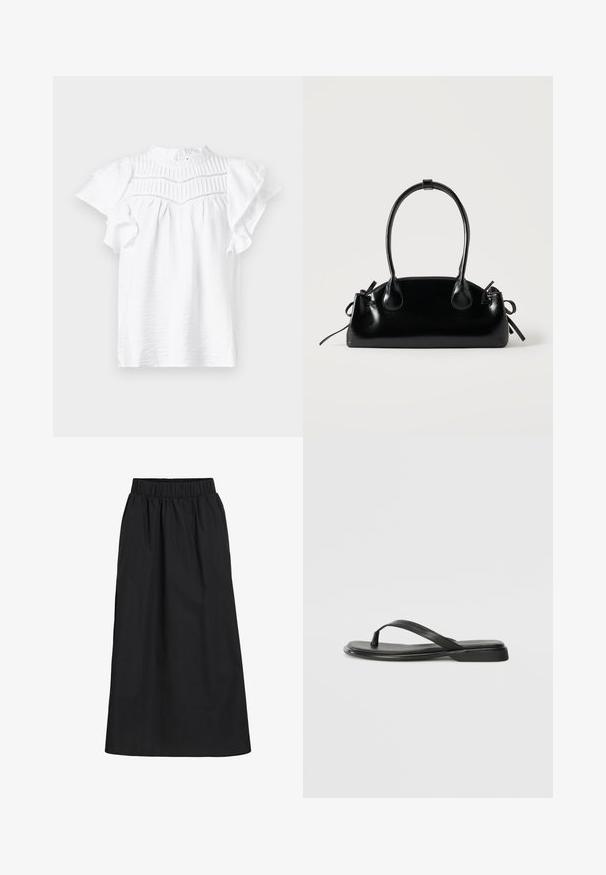 Blusa blanca de manga corta con cuello alto, que presenta detalles plisados y mangas acampanadas, fabricada en una tela ligera y texturizada.; Falda negra, hasta las rodillas, hecha de tela suave y ligera. Cuenta con una cinturilla elástica y un diseño simple y fluido sin adornos.; Chancla negra de piel suave, con un diseño de tira delgada y una suela plana de perfil mínimo. Sin patrones ni acentos notables.; Pequeño bolso negro brillante con dos asas largas y detalles de cordón lateral sobre un fondo claro liso.