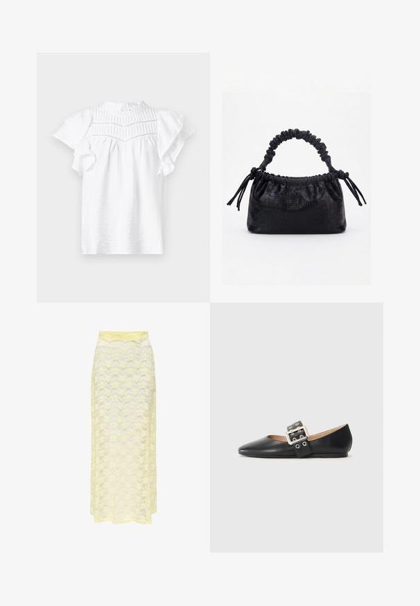 Blusa blanca de manga corta con cuello alto, que presenta detalles plisados y mangas acampanadas, fabricada en una tela ligera y texturizada.; Falda maxi amarilla de encaje con un patrón ondulado, que cuenta con una cinturilla lisa y una textura suave y translúcida. Diseñada para una silueta ligera y fluida.; Zapato plano de cuero negro con punta puntiaguda y una tira decorativa con hebilla, con herrajes plateados y pequeños recortes.; Bolso negro con textura de cocodrilo, borde superior fruncido, asa recogida y cordones con borlas en cada lado sobre un fondo blanco.