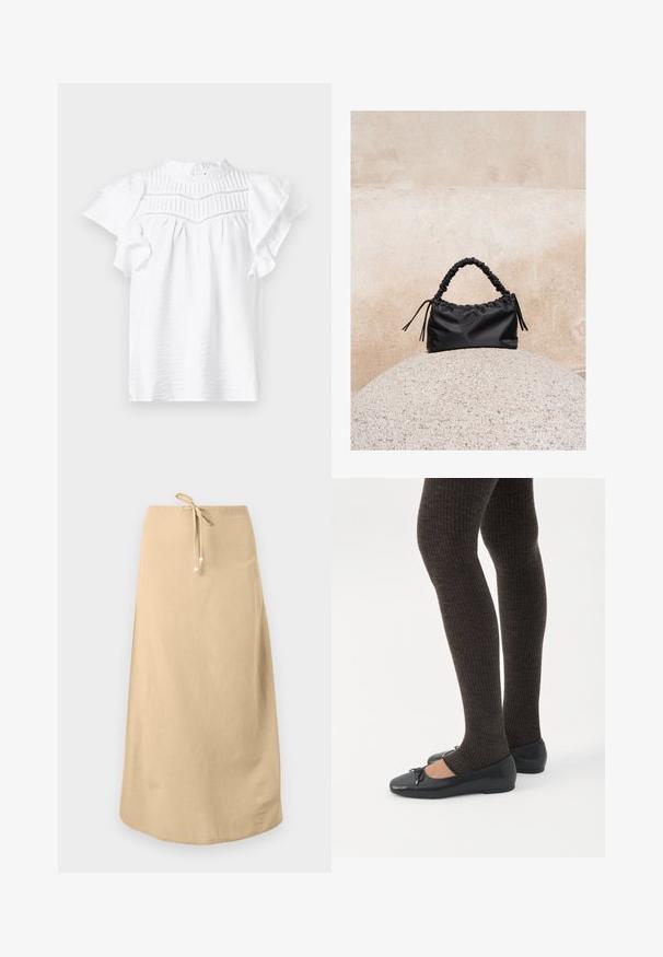 Hvid kortærmet bluse med høj hals, der har plisserede detaljer og flæser på ærmerne, lavet af et let, struktureret stof.; Beige linnedragt med snøre i taljen, der har en glat overflade og rundet kant. Udsmykket med små dekorative perler på snorene.; Ben iført mørke ribbede leggings kombineret med sorte balletsko med små sløjfedetaljer på hvid baggrund.; Sort håndtaske med rynkede detaljer og et samlet håndtag, hvilende på en tekstureret stensfære mod en beige betonvæg.