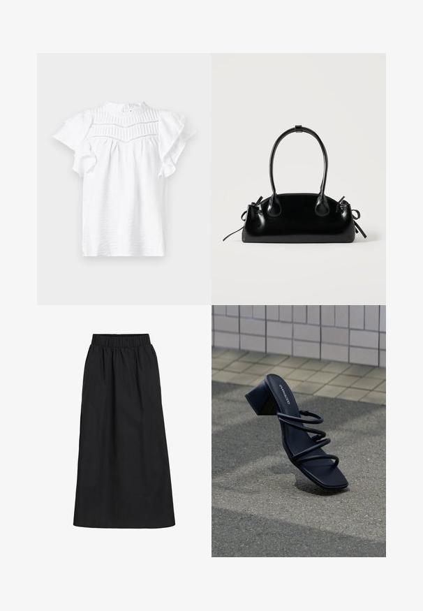 Blusa blanca de manga corta con cuello alto, que presenta detalles plisados y mangas acampanadas, fabricada en una tela ligera y texturizada.; Falda negra, hasta las rodillas, hecha de tela suave y ligera. Cuenta con una cinturilla elástica y un diseño simple y fluido sin adornos.; Sandalia negra con punta cuadrada, tres tiras finas y tacón grueso sobre pavimento cerca de pared de azulejos.; Pequeño bolso negro brillante con dos asas largas y detalles de cordón lateral sobre un fondo claro liso.