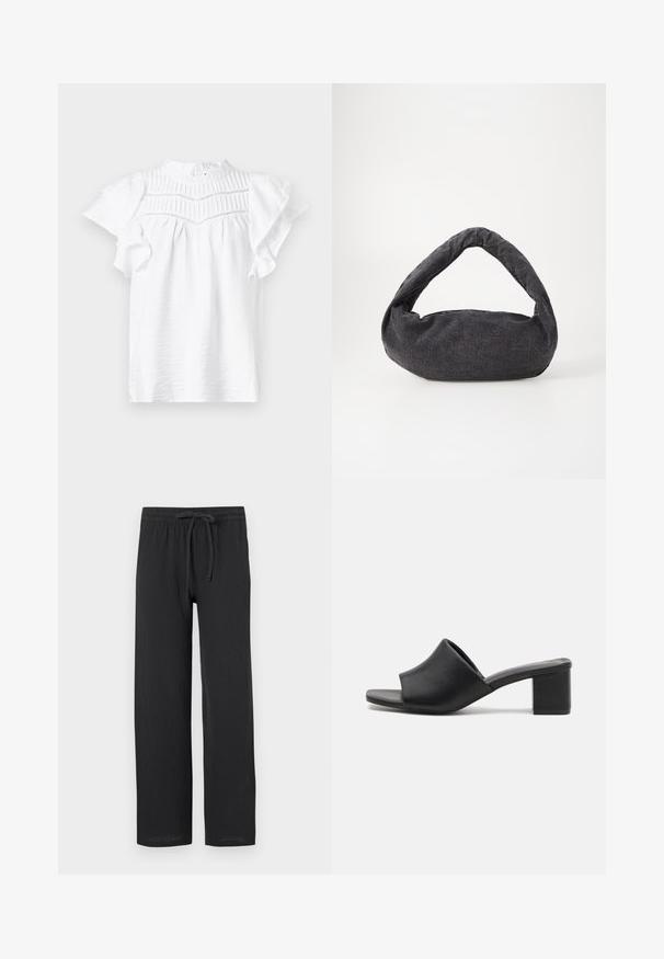 Blusa blanca de manga corta con cuello alto, que presenta detalles plisados y mangas acampanadas, fabricada en una tela ligera y texturizada.; Pantalones negros de corte relajado, elaborados con una tela texturizada, que cuentan con una cinturilla elástica y cordón para un ajuste ajustable.; Mulas de tacón cuadrado de cuero negro con punta abierta, que presentan una superficie lisa y una parte superior ligeramente curvada para mayor comodidad y estilo.; Bolsa de tela gris oscuro con un asa curva, textura suave y forma redondeada. Sin hardware ni adornos visibles.