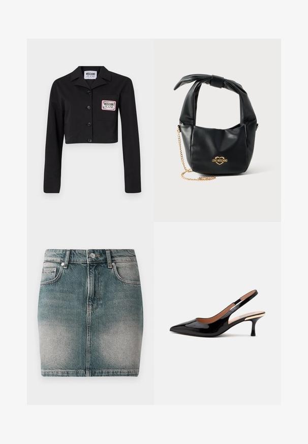 Zwarte cropped jas van een gladde stof, met een knoopsluiting aan de voorkant, een puntige kraag en een borstzak met een wit en roze logo-patch.; Blauwe denim mini-rok met een voorknop en rits, twee voorzakken en vervaagde details op de dijen.; Zwarte lakleren slingback pump met puntige neus en lage kittenheel op een eenvoudige witte achtergrond.; Zwarte zachte leren Love Moschino handtas met geknoopt handvat en gouden kettingriem op een witte achtergrond.