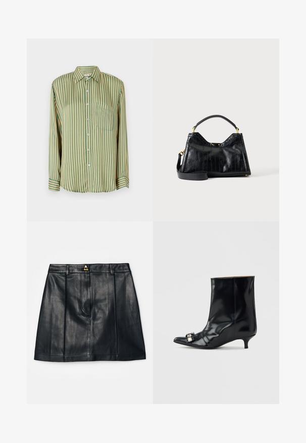 Camisa de manga larga con botones, de rayas verticales verdes y amarillas, que cuenta con un bolsillo en el pecho y botones azules. Confeccionada en una tela suave.; AERON RUDENS SKIRT - Falda acampanada - black; Bota de cuero negro para el tobillo con punta puntiaguda, tacón bajo tipo aguja y hebilla decorativa plateada en el lateral cerca de la punta.; Bolso de mano de cuero negro con líneas verticales texturizadas, asa corta, correa larga desmontable y detalles de hardware en tono dorado sobre fondo liso.