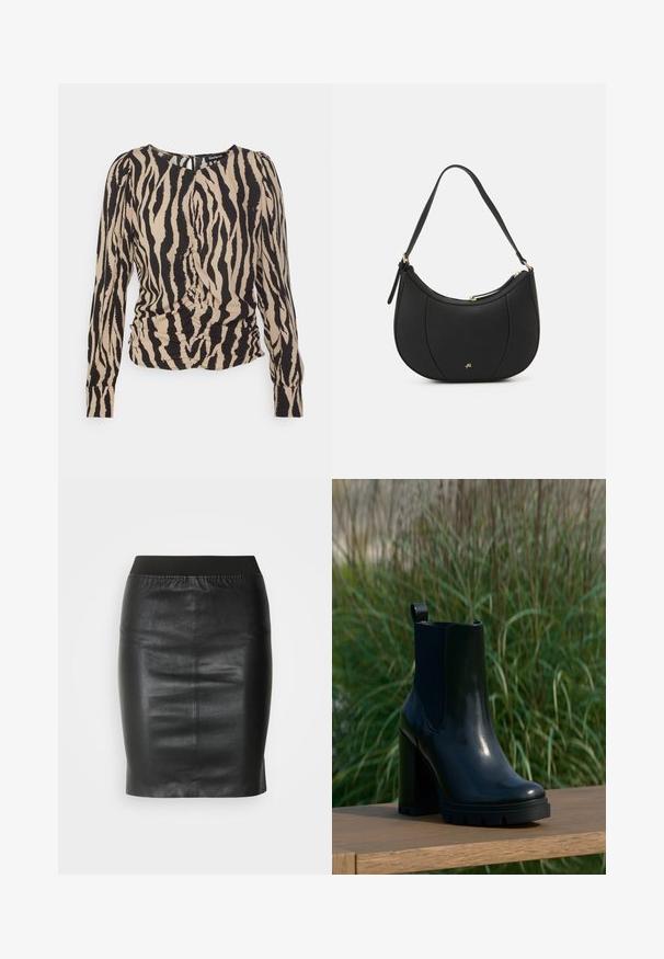 Desigual BLUS TIGRIS - Blouse - camel; Zwarte kokerrok van soepel leer, met een elastische tailleband voor een aansluitende pasvorm en een minimalistisch ontwerp.; Zwarte glanzende leren enkelboot met dikke hoge hak en lus, gepresenteerd op een houten oppervlakte met een achtergrond van groene hoge gras.; Zwarte leren handtas met een gebogen vorm, textuuroppervlak, voornaden en een logo in goudkleur. Beschikt over een enkele verstelbare schouderband.