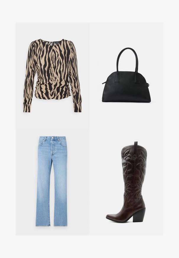Desigual BLUS TIGRIS - Pusero - camel; Vaaleansinisiä farkkuhousuja suoralla lahkeella, korkealla vyötäröllä, viidellä taskulla, napilla suljettuna ja kankaan kauttaasi erittäin hienoisesti haalistuneina.; Korkea tummanruskea nahkainen cowboysaapas, jossa on ommellut koristeelliset kuviot, terävä kärki ja pinoa muistuttava lohkokorko.; Musta käsilaukku, joka on valmistettu teksturoituneesta nahasta, pyöreällä muodolla, kahdella kahvalla ja vetoketjulla. Ei sisällä näkyviä metalliosia tai koristeita.
