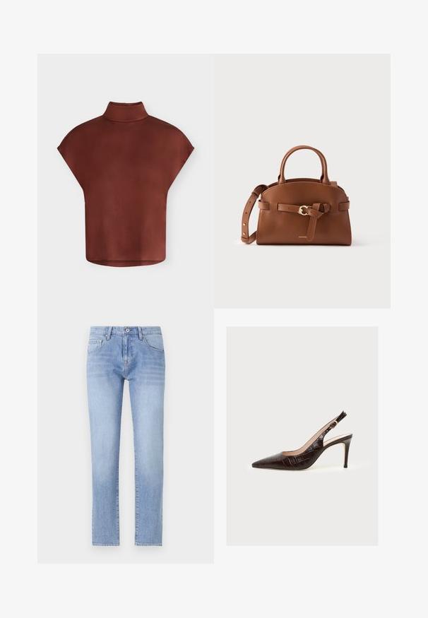Bruine satijnen blouse met korte mouwen, hoge hals en een losse, boxy pasvorm, getoond tegen een effen witte achtergrond.; Lichtblauwe denim jeans met een recht model, vijf-pocketontwerp en lichte wassing. Beschikt over een knoopsluiting en standaard ceintuurlussen.; Donkerbruine leren slingback pumps met hoge hak, puntige neus en gouden gesp op een effen lichte achtergrond.; Bruine leren handtas met handvaten aan de bovenkant, verstelbare schouderriem en vooraan riemdetail met gouden gesp op effen achtergrond.