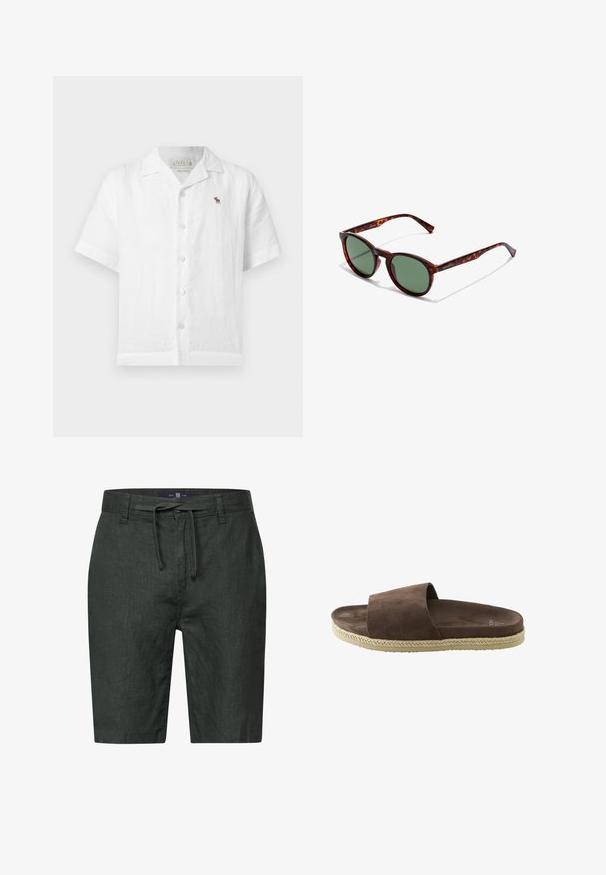 Weißes kurzärmeliges Leinenhemd mit Knöpfen, Camp-Kragen und kleinem braunem Elch-Logo auf der linken Brust.; Dunkelgrüne Leinen-Shorts mit einem Kordelzugbund. Verfügt über seitliche Taschen und einen geraden Schnitt. Glatte Textur mit subtiler sheen.; Braune Wildleder-Slide-Sandale mit einem breiten Riemen, gepolstertem Fußbett und beigem geflochtenem Zierstreifen am Sohlenrand.; Braune Schildpatt-Sonnenbrille mit runden Rahmen, grünen Gläsern und gemusterten Bügeln. Mit Markenlogo an einem Bügel.
