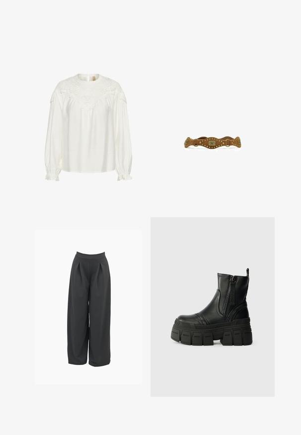 Blouse blanche à manches longues, avec des détails en dentelle au niveau de l'encolure et des poignets froncés. Tissu doux et léger avec une coupe décontractée.; Pantalons évasés en gris foncé, avec une taille haute, des plis avant et une texture de tissu lisse. Conception ajustée avec une coupe décontractée.; Bottines noires en cuir lisse, avec une semelle épaisse, une fermeture éclair à l'avant et des détails de couture texturée.; Ceinture en cuir marron avec des clous dorés et des décorations métalliques rectangulaires en forme d’œil, design courbé, présentée sur fond blanc.