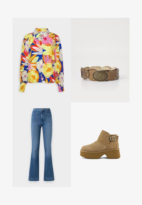 YAS YASSIMUNA SMOCK - Chemisier - princess blue/simuna; Jean évasé en denim de couleur bleue avec une taille mi-haute, comportant deux poches arrière et un ourlet net. Texture lisse et design classique.; Botte de cheville en daim tan avec semelle plate-forme épaisse et sangle réglable sur le côté, présentée de profil sur fond blanc.; ONLY ONLGLADIATOR STUDDED WAIST BELT - Ceinture taille haute - copper colour/antique gold-coloured