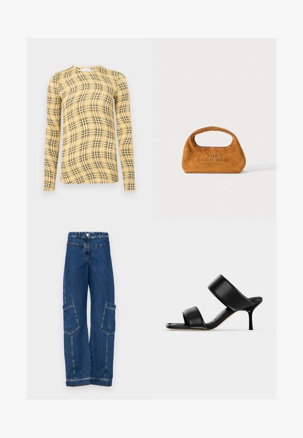Rabanne Top s dlhým rukávom - green/yellow/cream; Modré denimové cargo nohavice s vysokým pásom, širokými nohavicami, dvoma veľkými bočnými vreckami a tradičnými nitmi a švovými detailmi.; Čierna kožená mule sandála s dvoma širokými remienkami a úzkym, stredne vysokým ihličkovým podpätkom na jednoduchom svetlom pozadí.; Hnedá semišová taška s integrovaným držadlom a tlačou "THE SACK BAG MARC JACOBS" na prednej strane, vystavená na bielom pozadí.
