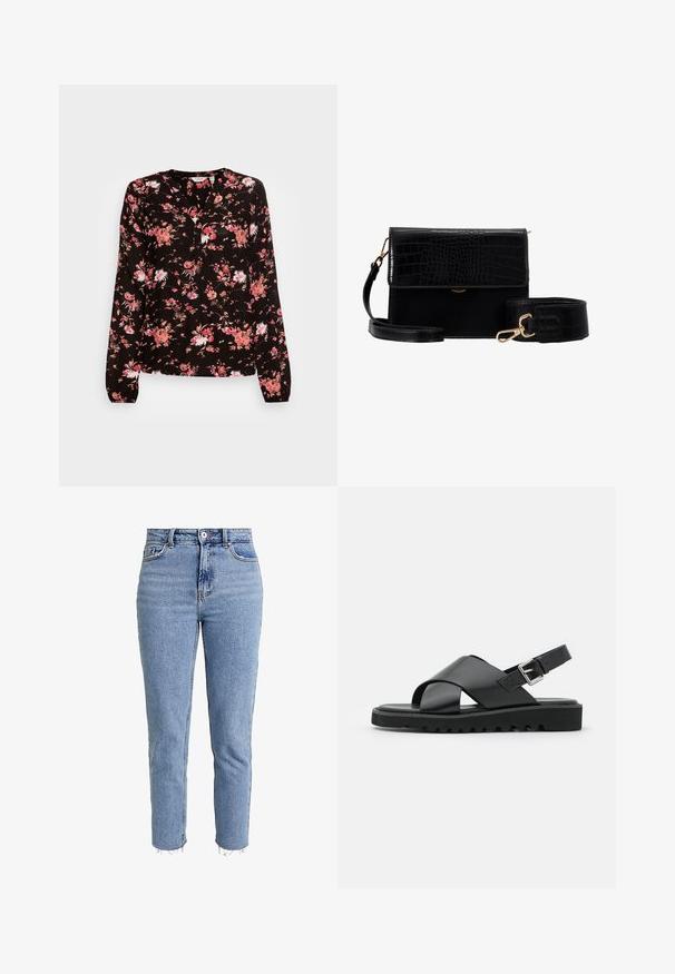 b.young BYMM VNECK - Blusa - coral; Jeans de tiro alto en azul claro, hechos de denim, con corte recto, dobladillo deshilachado y un diseño minimalista sin adornos.; Sandalias de cuero negras con diseño de tiras cruzadas, hebilla ajustable y suela texturizada con estrías para un mejor agarre.; Bolso bandolera de faux cuero negro con textura de cocodrilo, herrajes dorados y una correa desmontable. Cuenta con un cierre de solapa y un compartimento interior.