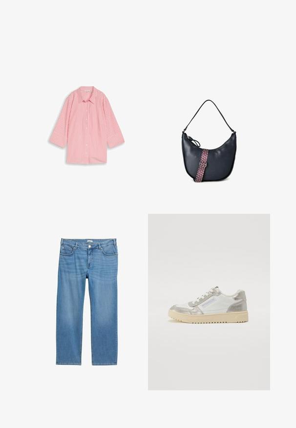 Rosa-weiß gestreiftes, knöpfbares Hemd mit breiten Manschetten und klassischem Kragen, flach auf weißem Hintergrund ausgelegt.; Hellblaue Denim-Jeans mit geradem Bein, fünf Taschen, mittlerer Bundhöhe und glatter Textur. Mit Knopfverschluss.; Weißer Sneaker mit silbernen Akzenten, versehen mit einem strukturierten Design, runder Spitze und dicker beiger Gummisohle. Die Schnürsenkel sind durch Ösen gefädelt.; Schwarze, halbmondförmige Lederhandtasche mit Tragegriff oben und abnehmbarem, bordeauxfarben-weiß gemusterten Schulterriemen mit silberner Schnalle.