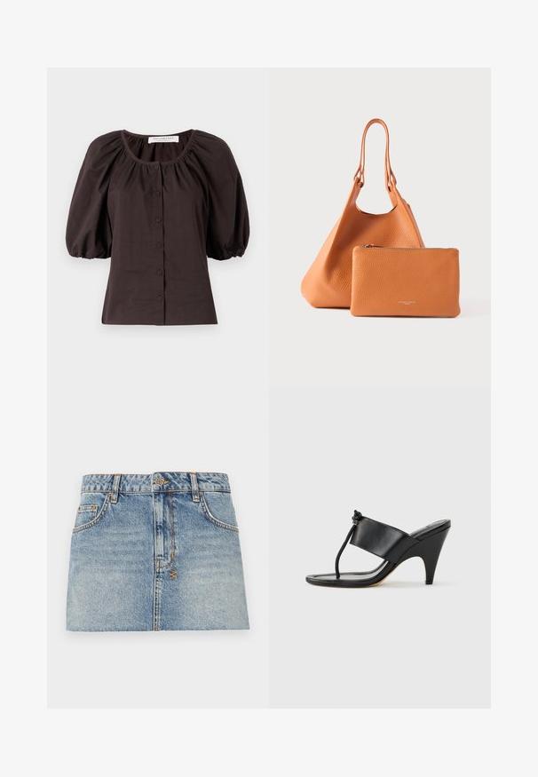 Blouse à manches bouffantes marron foncé avec un col rond et six boutons sur le devant. Fabriquée en tissu léger avec une finition texturée.; Jupe mini en denim bleu clair avec une taille ajustée, fermeture à boutons à l'avant et deux poches latérales. Présente des ourlets bruts et des détails de couture contrastante.; Sandale noire à talon haut avec une large bride avant et une boucle d'orteil dotée d'un détail de corde nouée, vue de profil sur fond blanc.; Sac cabas en cuir orange avec une finition texturée et deux poignées, accompagné d'une pochette zippée assortie. Les deux articles sont lisses et minimalistes.