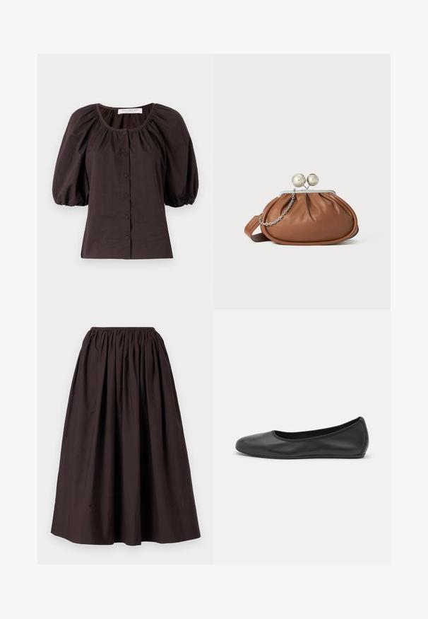 Donkerbruine blouse met pofmouwen en een ronde halslijn, met zes knopen aan de voorkant. Gemaakt van lichtgewicht stof met een gestructureerde afwerking.; Bruine, enkel-lange rok gemaakt van lichtgewicht stof met een elastische tailleband en een geplooid ontwerp voor een voluminieuze uitstraling.; Zwarte leren ballerina met een ronde neus, gladde textuur, minimale stikdetails en een flexibele zoolontwerp.; Bruine leren clutch met een zilveren balsluiting en een klein zilveren kettingdetail op een witte achtergrond.
