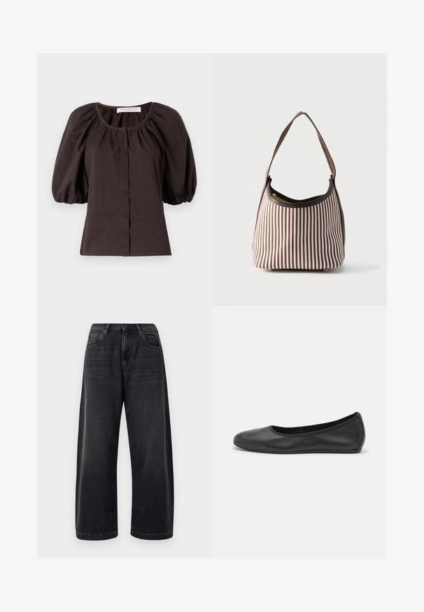 Mørkebrun bluse med puffærmer, rund halsudskæring og seks knapper foran. Lavet af letvægtsstof med en tekstureret overflade.; Bredde ben sorte jeans lavet af denim, med et klassisk fem-lomme design, subtil fading og en knaplukning i taljen.; Sort læderballetsko med rund tå, glat tekstur, minimal syning og et fleksibelt såldesign.; Brun og hvid håndtaske med lodrette striber, med en enkelt skulderrem og en synlig lynlås ved den øverste åbning.