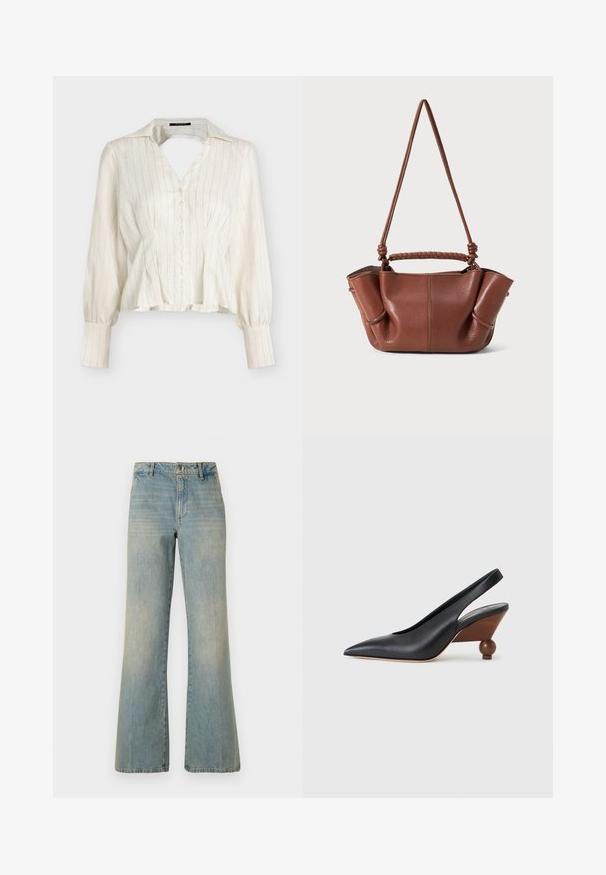 Witte blouse met lange mouwen, dunne verticale strepen, knopen aan de voorkant, peplum taille, puntige kraag en een V-hals met keyhole uitsnijding.; Lichtblauwe denim wijdlopende jeans met een hoge taille, knoopsluiting en vervaagde textuur. Bevat het klassieke vijf-pocket ontwerp en rechte pijpen.; Zwarte slingback schoen met een puntige neus, een houten blokhak met afgeronde hoeken en een bovenwerk van glad leer, op een lichtgrijze achtergrond.; Bruine leren handtas met een gevlochten handvat en een verstelbare schouderriem. Heeft zacht gevouwen zijkanten en zichtbare stikselaccenten.