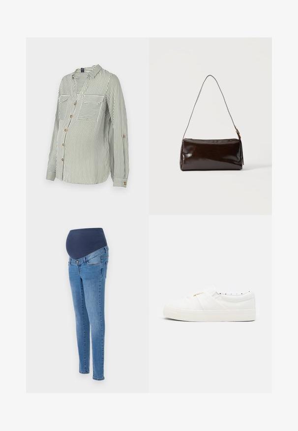 Grøn- og hvidstribet skjorte med knapper, v-hals, to brystlommer og optrukne ærmer med gyldne knapper. Letvægtsstof.; Graviditetsjeans med en blå elastisk talje og slim-fit ben, lavet af lys blå denim med lidt falmning og standard baglommer.; Canvas slip-on sneakers i hvid med en knyttet detalje på overdelen, struktureret gummisål og prikket foring.; Mørkebrun rektangulær læder skuldertaske med en enkelt tynd rem og spænde i guldton på en ensfarvet baggrund.