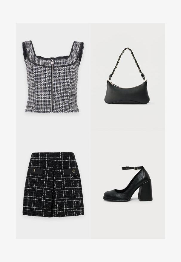 Μπλούζα cropped από ναυτικό και λευκό tweed με τετράγωνη λαιμόκοψη, χωρίς μανίκια και μπροστινό φερμουάρ με λογότυπο στον pull tab.; Μαύρη και άσπρη φούστα καρό από υφασμάτινη υφή, διαθέτοντας δύο μπροστινές τσέπες με μαύρες λεπτομέρειες και κυκλική χρυσή μεταλλική προσθήκη.; Μαύρο δερμάτινο γυναικείο παπούτσι με ψηλό τακούνι, στρογγυλεμένη μύτη και ρυθμιζόμενο λουράκι στον αστράγαλο με χρυσή αγκράφα σε απλό ανοιχτό φόντο.; Μαύρη δερμάτινη τσάντα ώμου με καμπυλωτό ορθογώνιο σχήμα, χρυσή αλυσίδα υφαντή σε πλεκτό μαύρο λουράκι και επάνω φερμουάρ κλεισίματος.