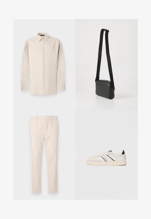Helles beiges Langarmhemd mit einem Knopfkragen, vertikalen Nadelstreifen, geradem Schnitt und Einknopfmanschetten.; Beige gemusterte Hose mit dezentem Blattmuster, gut geschnitten, mit Knopfverschluss und Seitentaschen. Glatte Stofftextur.; Weiße Sneakers mit beigen Wildlederakzenten, schwarzen und blauen Streifen sowie einer strukturierten Gummisohle. Mit Branding an der Seite und der Zunge.; Schwarze Leder-Crossbody-Tasche mit glatter Textur, rechteckiger Form, verstellbarem schwarzen Riemen und silbernem Reißverschluss-Detail.