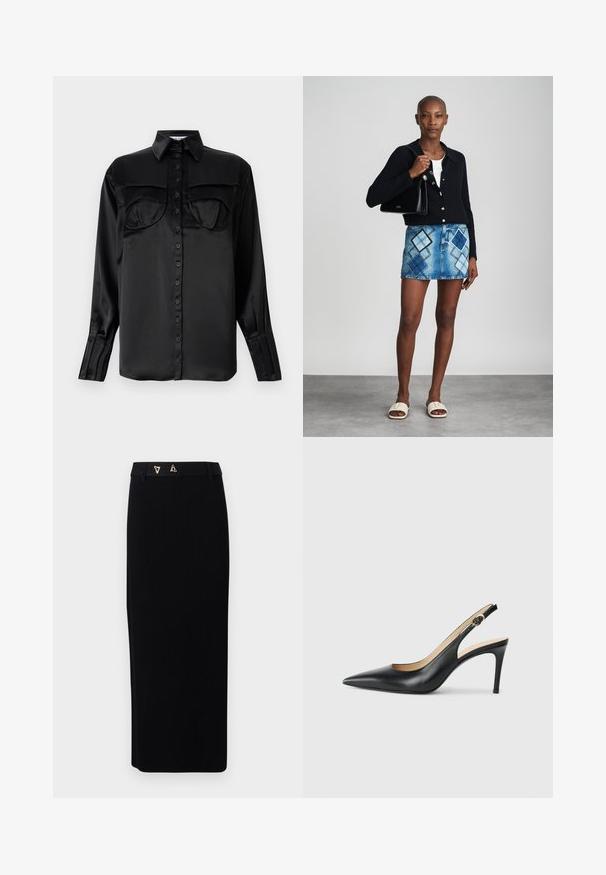 Zwart satijnen overhemd met lange mouwen, twee borstzakken, een puntkraag en enkele-knop manchetten. Glad van textuur.; AERON FORUM - Kokerrok - black; Zwarte leren slingback-hakken met een spitse neus, verstelbare band en een elegante stiletto-hak, met een gladde afwerking.; Zwarte gebreide cardigan, witte top, denimrok met blauw en zwart ruitpatroon, zwarte handtas en beige instapsandalen.
