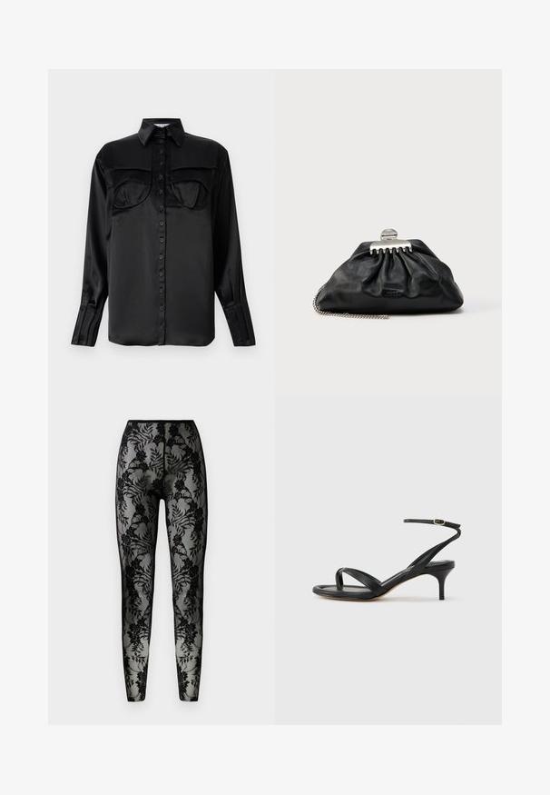 Sorte satin skjorte med knaplukning og lange ærmer, to brystlommer, spids krave og enkelt knapdetalje ved ærmet. Glat tekstur.; Sorte blonde leggings med blomstermønster, gennemsigtigt stof og en tæt pasform, med en glat talje og lukkede sømme.; Sort damesandal i læder med tynde remme, en tå-loop, ankelspænde og en mellemhøj stiletthæl på en neutral baggrund.; Sort læderclutch med samlet design, sølv hardware-lås og kæderem. Diskret logo præget foran.