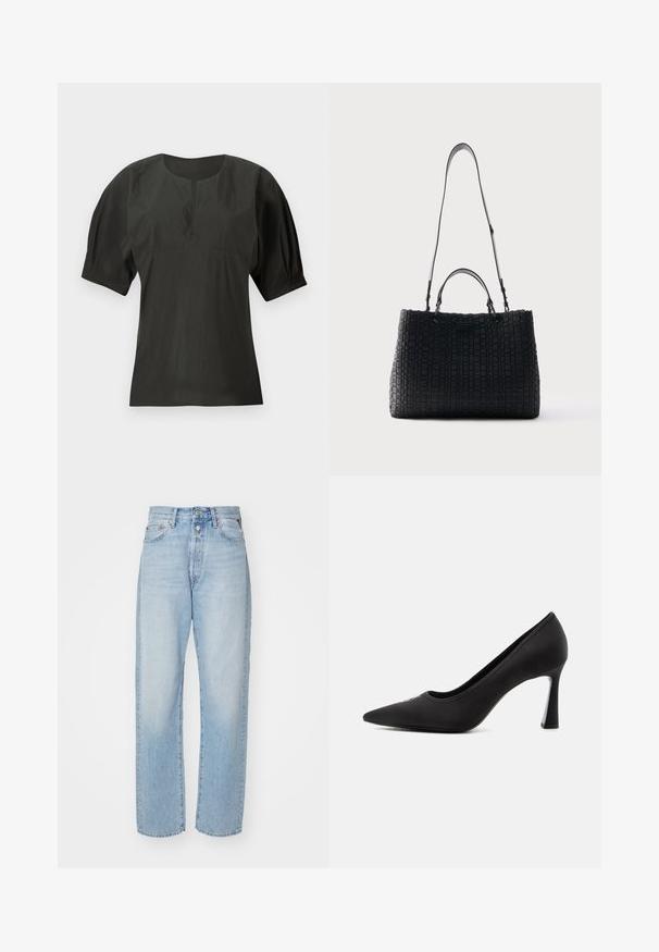Schwarze Bluse mit rundem Ausschnitt, kurzen Puffärmeln und lockerem Sitz. Hergestellt aus leichtem Stoff mit einem dezenten Glanz.; Helleblaue Straight-Leg-Jeans aus Denim, mit hoher Taille, Fünf-Taschen-Design und Knopfverschluss.; Schwarzer High Heel mit spitzer Kappe, glatter Oberfläche und schlankem, geschwungenem Absatz vor einem schlichten hellen Hintergrund.; Schwarze, gewebte Lederhandtasche mit zwei kurzen Griffen und einem langen, verstellbaren Schultergurt, vor einem schlichten hellen Hintergrund präsentiert.