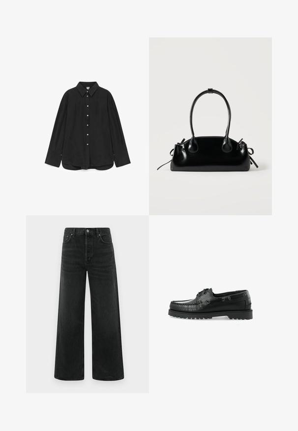Camisa negra abotonada, confeccionada con tela suave, que presenta un cuello, mangas largas y un dobladillo ligeramente curvado con detalles de botones.; Vaqueros negros de denim de pierna ancha con cintura alta, bolsillos delanteros y un cierre clásico de botón. La tela tiene un acabado liso y ligeramente texturizado.; Zapato de barco de cuero negro con un diseño de mocasín, puntera redondeada, costuras decorativas y una suela de goma texturizada con tacos.; Pequeño bolso negro brillante con dos asas largas y detalles de cordón lateral sobre un fondo claro liso.