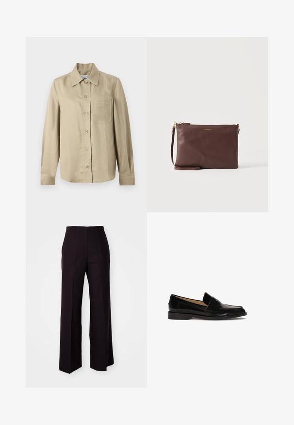 Camisa beige de manga larga con botones, cuello puntiagudo y bolsillo en el pecho, mostrada sobre un fondo claro y liso.; Pantalones amplios negros de tiro alto, con una textura suave y sutiles pliegues frontales, diseñados para un ajuste estructurado.; Mocasines de cuero negro con un acabado suave, punta redondeada y una correa decorativa en la parte frontal. Diseño de tacón bajo.; Bolso de mano de cuero marrón oscuro con cremallera dorada y correa desmontable, con el logotipo pequeño en dorado de "Coccinelle".