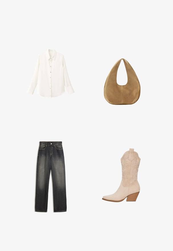 Hvid skjorte med lange ærmer og knapper foran, klassisk krave og knaplukning; har et glat, let stof og afrundet kant.; Mørk vask denim jeans med en afslappet pasform, der har lige ben, synlige sømme og en falmet gradient effekt på forsiden.; Beige svinemærkestøvle med spids tå, broderede detaljer på skaftet og en stablet træhæle.; Tanfarvet ruskinds-hobo-taske med bred, rundet krop og enkelt fladt håndtag, vist mod en ensfarvet hvid baggrund.