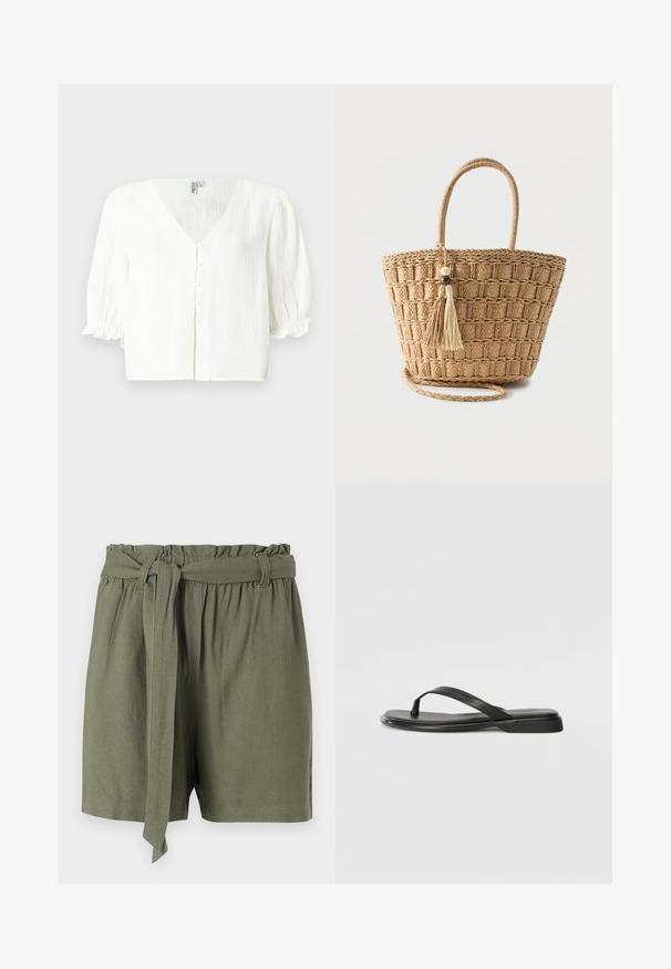 Weiße Bluse mit kurzen Ärmeln, V-Ausschnitt, Knopfverschluss und gerafften Puffärmeln. Strukturierter Stoff mit lockerem Schnitt.; Olivgrüne Shorts aus leichtem Material, mit hoher Taille, elastischem Bund und einem gebundenen Gürtel für eine verstellbare Passform.; Schwarze Flip-Flops aus glattem Leder, mit einem dünnen Riemendesign und einer flachen Sohle mit minimalem Profil. Keine bemerkenswerten Muster oder Akzente.; Geflochtener Strohtote mit abgerundeten Griffen, quadratischem Muster und zwei hängenden Quasten mit Holzperlen vor einfarbigem Hintergrund.
