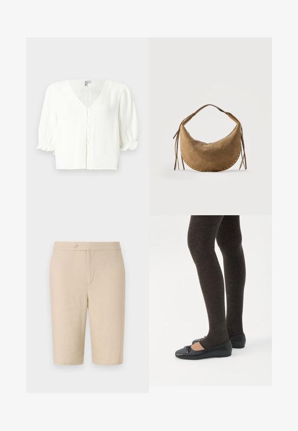 Blusa blanca de manga corta con escote en V, cierre de botones y mangas abullonadas fruncidas. Tejido texturizado con un ajuste holgado.; Pantalones cortos de lino beige con cierre de botón delantero, dos bolsillos laterales y un corte recto, con una textura suave y un diseño simple.; Piernas con leggings oscuros acanalados combinados con bailarinas negras que presentan pequeños detalles de lazo sobre un fondo blanco.; Bolso crescentado de ante marrón con asa corta, tachuelas doradas a lo largo de los bordes y borlas de cuero a ambos lados.