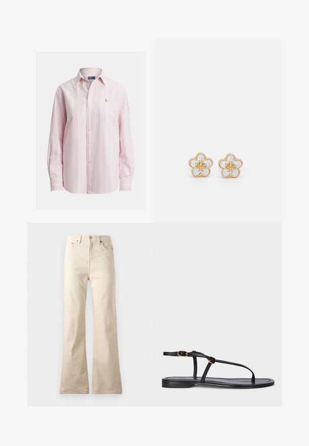 Camisa de manga larga con botones en rosa claro con rayas blancas y azules, con un pequeño logo bordado en el pecho, hecha de tela de algodón.; Pantalones beige de talle alto y corte recto con botón y cremallera delanteros, bolsillos delanteros y traseros, mostrados sobre un fondo liso.; Sandalia plana negra con un diseño minimalista. Presenta tiras delgadas, un separador de dedos, acentos de hardware dorado y una suela suave y texturizada.; Tory Burch KIRA FLOWER STUD - Pendientes - gold-coloured