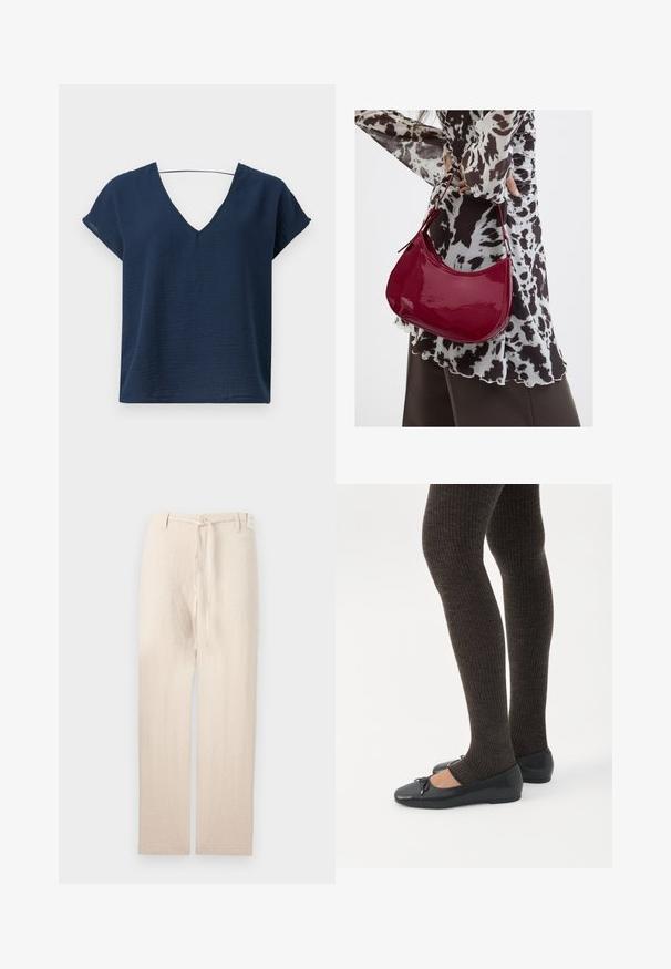 Top de color azul marino con escote en V y mangas cortas, hecho de tejido texturizado, con un corte relajado y un diseño simple. Sin elementos metálicos o adornos visibles.; Pantalones de lino beige con un diseño de pierna recta, que presentan un cierre de botón y una corbata de tela en la cintura, ofreciendo una apariencia ligera y texturizada.; Piernas con leggings oscuros acanalados combinados con bailarinas negras que presentan pequeños detalles de lazo sobre un fondo blanco.; Mujer con blusa de estampado en blanco y negro sosteniendo un bolso de hombro rojo brillante sobre un fondo liso.