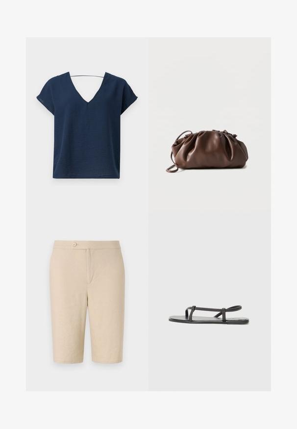 Marineblauw V-hals top met kapmouwen, gemaakt van gestructureerde stof, met een relaxte pasvorm en een eenvoudig ontwerp. Geen zichtbare hardware of versieringen.; Beige linnen shorts met een sluiting aan de voorkant met knoop, twee zijzakken en een rechte snit, voorzien van een gladde textuur en een eenvoudig ontwerp.; Zwarte platte sandalen met dunne, gestructureerde banden en een minimalistisch ontwerp. De zool is glad en de algemene vorm is slank en ingetogen.; Zachte bruine leren tas met samengevouwen bovenkant en smalle riem, liggend op een witte achtergrond.