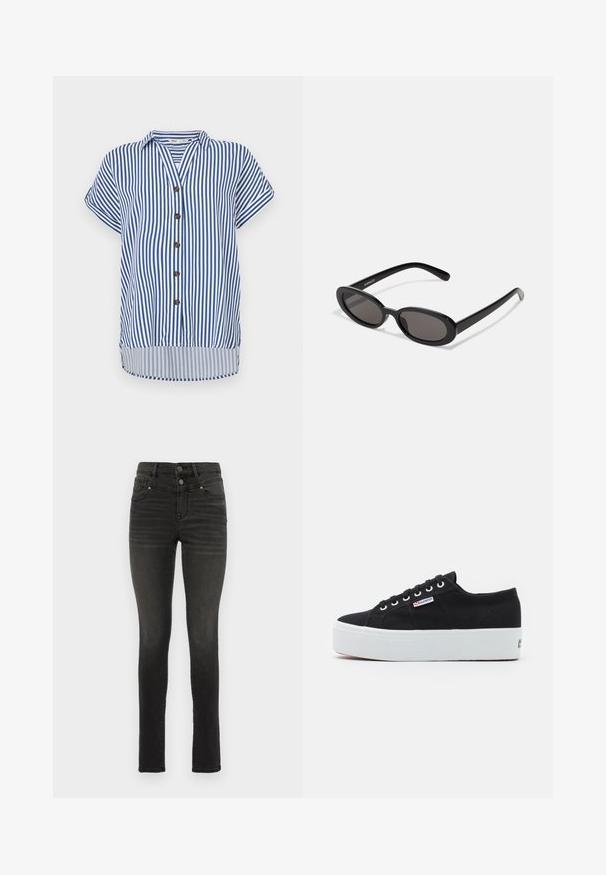 Korte mouwen button-up shirt met verticale blauw-witte strepen, een kraag, vijf bruine knopen en een licht gebogen zoom.; Zwarte skinny jeans van denim met een hoge taille, voorzien van dubbele knopen, vijf zakken en subtiele vervaging langs de benen.; Zwarte canvas sneaker met een gestructureerde bovenkant, witte rubberen plateauzool, zes metalen oogjes en een klein rood en blauw logo aan de zijkant.; Even&Odd Zonnebril - black