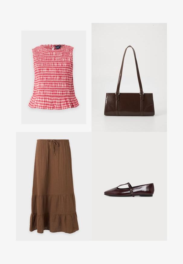 Haut sans manches à carreaux rouges et blancs avec tissu smocké, ourlet à volants et fermeture dos boutonnée à œillet.; Jupe midi marron en tissu texturé, taille élastique, lien ajustable et ourlet à volants à étages, suspendue devant un fond blanc.; Chaussure plate en cuir bordeaux foncé avec un bout pointu et une fine bride en T avec une boucle argentée sur fond blanc.; Sac à main en cuir verni marron de forme rectangulaire, avec deux longues poignées et des accents courbés subtils à l'avant.
