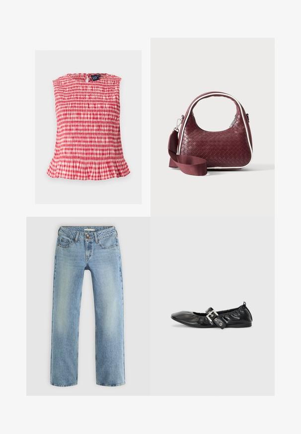 Rød og hvid ternet ærmeløs top med smockstof, flæsekant og knaplukning med nøglehul på bagsiden.; Lyseblå lige ben jeans lavet af denim, med knaplukning, fem lommer og subtil falmning langs benene.; Sorte læder flade sko med spids tå, samling detaljer omkring åbningen, og en sølv spænde accent på den justerbare rem.; Mørkerød vævet lædertaske med buet hank, hvid kant, sølv lynlås og aftagelig bred stofskulderrem mod en ensfarvet baggrund.