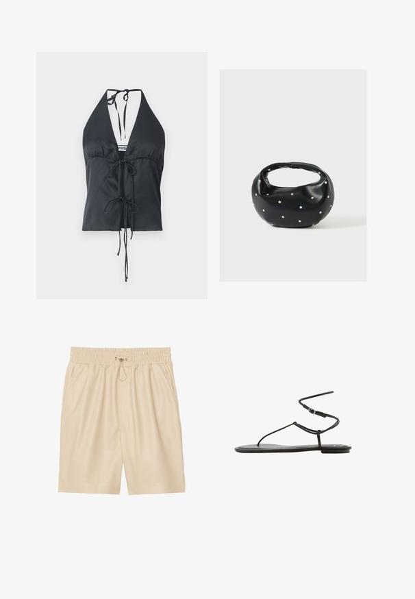 Haut à dos nu noir en tissu lisse, avec un décolleté en V profond, un devant froncé et des fermetures à nouer ajustables au cou et à la taille.; Shorts en simili cuir beige avec une taille élastique et un cordon de serrage. Comprend des poches latérales et une coupe décontractée. Texture lisse.; Sandale plate noire avec fines brides et fermeture à boucle autour de la cheville, design minimaliste, vue de côté sur fond blanc.; Sac à main en cuir noir de forme arrondie, décoré de clous argentés et équipé d'une poignée courte. Texture lisse et fermeture éclair.