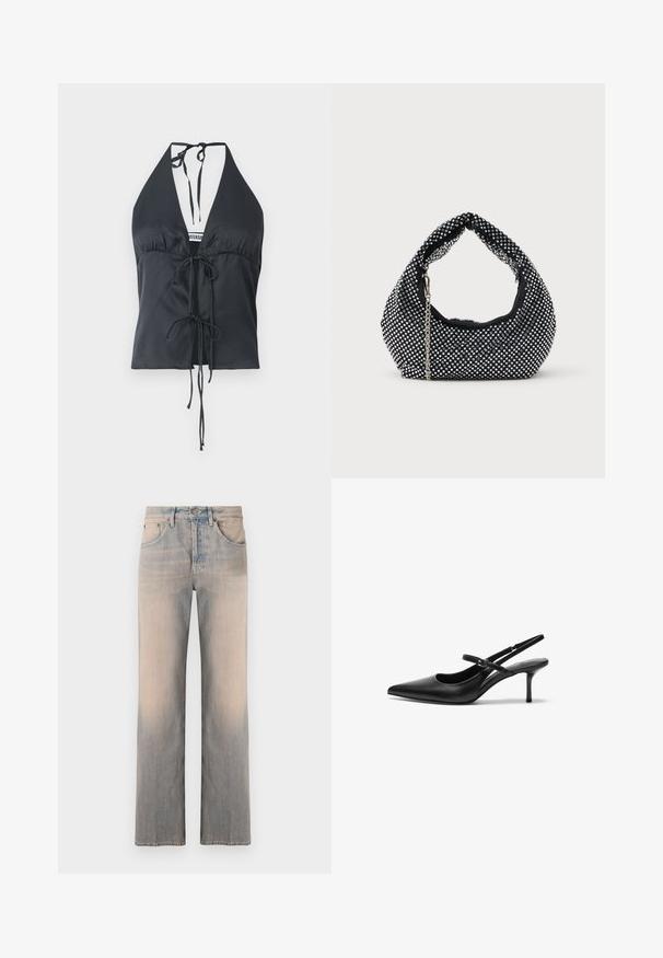 Haut à dos nu noir en tissu lisse, avec un décolleté en V profond, un devant froncé et des fermetures à nouer ajustables au cou et à la taille.; Jean en denim bleu clair avec une coupe droite, comportant des poches avant, une décoloration subtile et une taille standard avec un bouton en métal.; Talons aiguilles noires en cuir avec un bout pointu, une fine bride réglable, et un talon aiguille d'environ 5 cm, texture lisse.; Sac à main en maille noire orné de clous en argent, avec une poignée incurvée et une bandoulière en chaîne. Texture douce avec une forme arrondie.