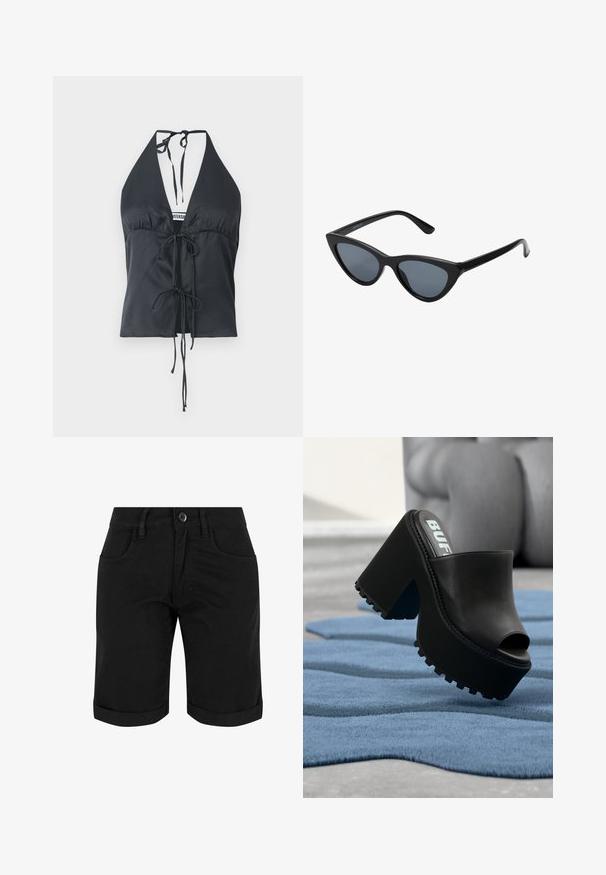 Sort halterneck top lavet af glat stof, med en dyb V-udskæring, samlede for og justerbare snorelukninger ved halsen og taljen.; Sorte bomuldsshorts med knaplukning, der har opsmøg, to frontlommer og en glat tekstur.; Sort platform mulesko med åben tå og tyk skridsikker sål, hvilende på et tekstureret blåt tæppe indendørs nær en grå lænestol.; Sorte katteøje solbriller med mørkegrå linser, slankt plastisk stel, spidse hjørner og lige stænger. Ingen synlig hardware eller dekorationer.