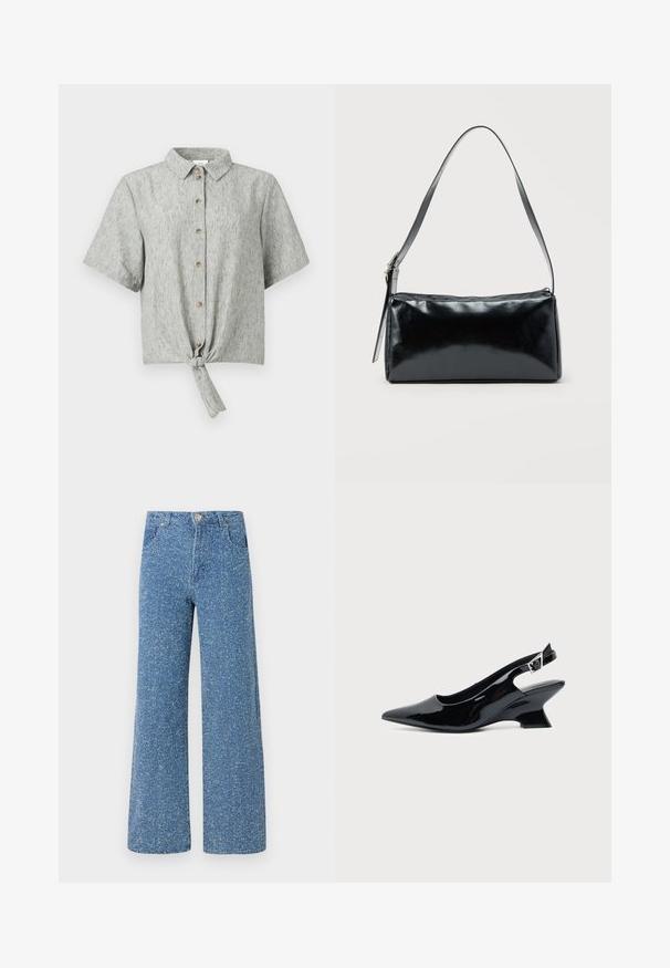 Hemd mit kurzen Ärmeln und Knopfverschluss aus hellgrauem Stoff, mit einem geknoteten Frontdetail, flachem Kragen und Holzknöpfen als Akzent.; Blaue Denim-Breitbeinerjeans mit einer gesprenkelten Textur, ausgestattet mit einem Knopfverschluss vorne, Gürtelschlaufen und zwei Vorder-Taschen.; Schwarzer Slingback-Schuh aus Lackleder mit spitzer Spitze und niedrigem, schrägem Blockabsatz auf einfachem hellem Hintergrund.; Schwarze rechteckige Schultertasche mit einem verstellbaren Riemen und einem oberen Reißverschluss vor einfachem Hintergrund.
