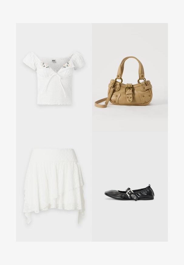 Haut blanc à épaules dénudées avec un tissu smocké, des manches courtes bouffantes, une broderie florale au niveau du col et un détail de nœud à l'avant.; Jupe superposée en dentelle blanche avec large ceinture et ourlet asymétrique à bords pointus.; Chaussure plate en cuir noir avec un nez pointu, des détails froncés autour de l'ouverture et un accent en boucle argentée sur la bride ajustable.; Sac à main en cuir beige avec double poignées, boucle en laiton et détails rivetés, ainsi qu'une bandoulière réglable sur fond blanc.